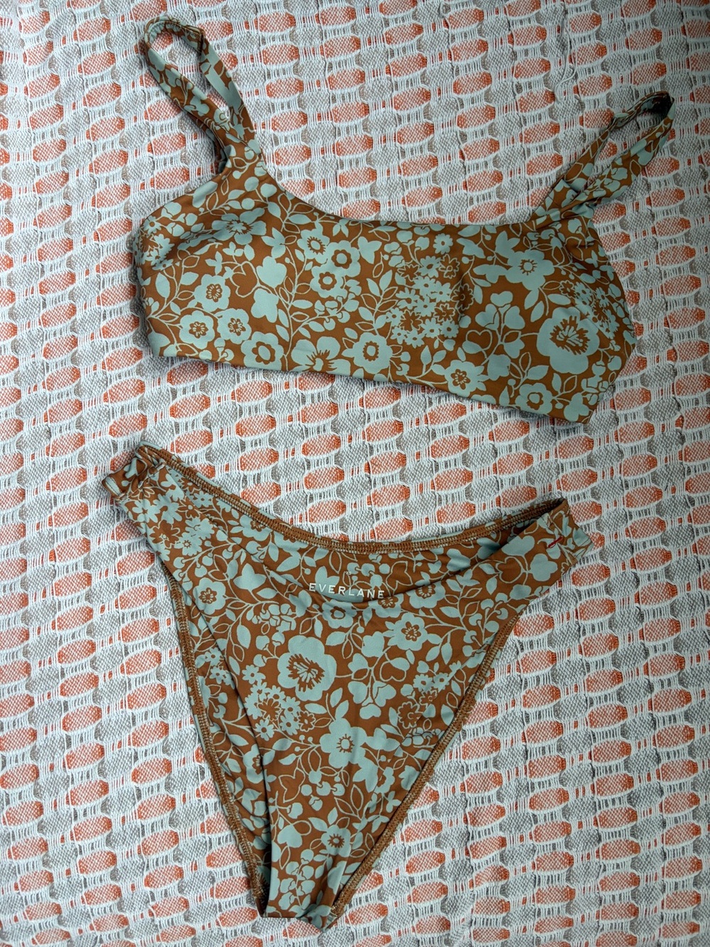 Everlane ReNew Women’s Brown and Light Teal Green Blue Floral Two-Piece Swim Set